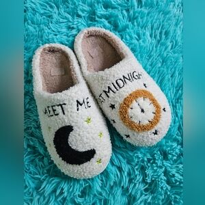 Taylor Swift White Slippers with Moon and Clock Embroidery - Meet Me At Midnight